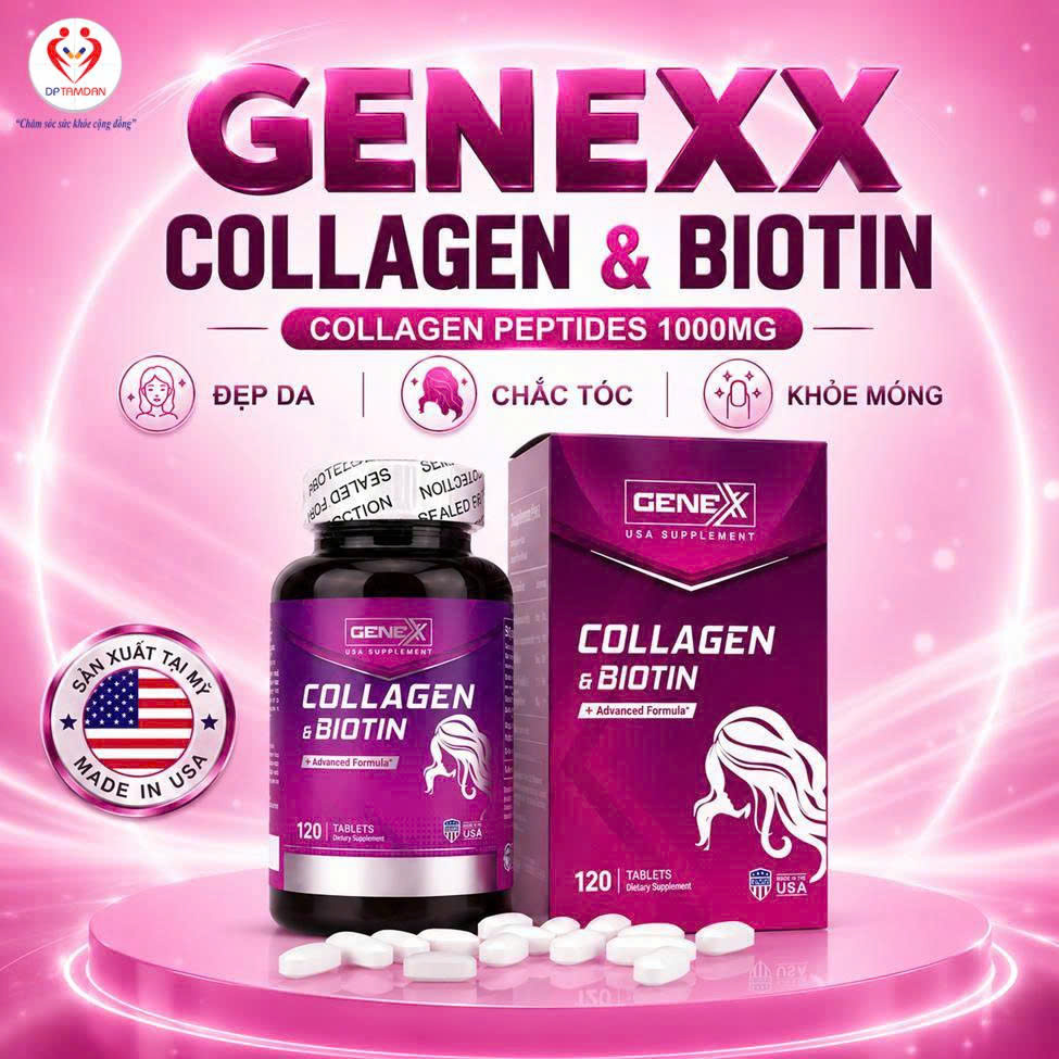 GENEXX COLLAGEN VÀ BIOTIN — Bổ sung Collagen,  Kẽm, Biotin, VitaminE,  Vitamin C Cải thiện tình tạng lão hóa